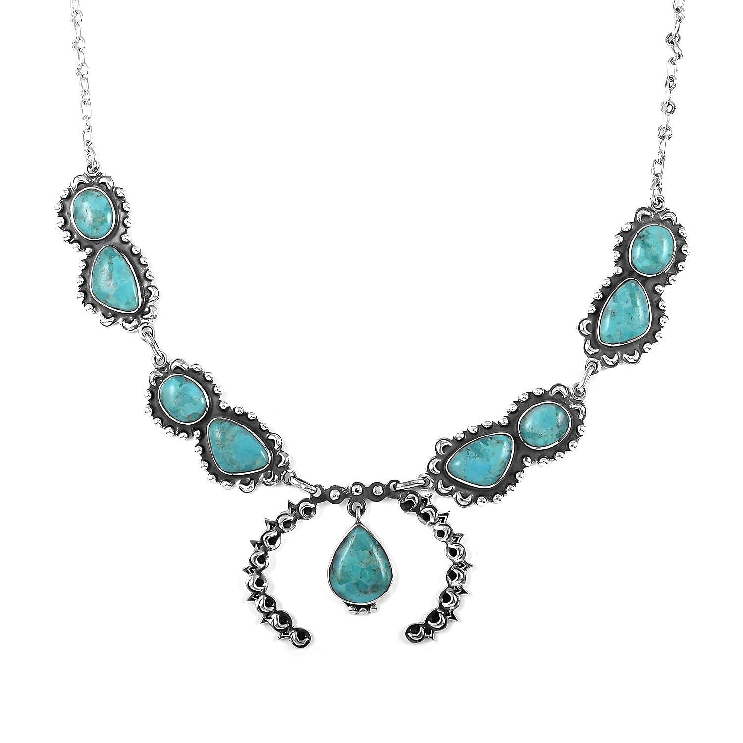 Santa Fe Style Blue Turquoise Necklace 18-21 Inches in Sterling Silver 27.00 ctw