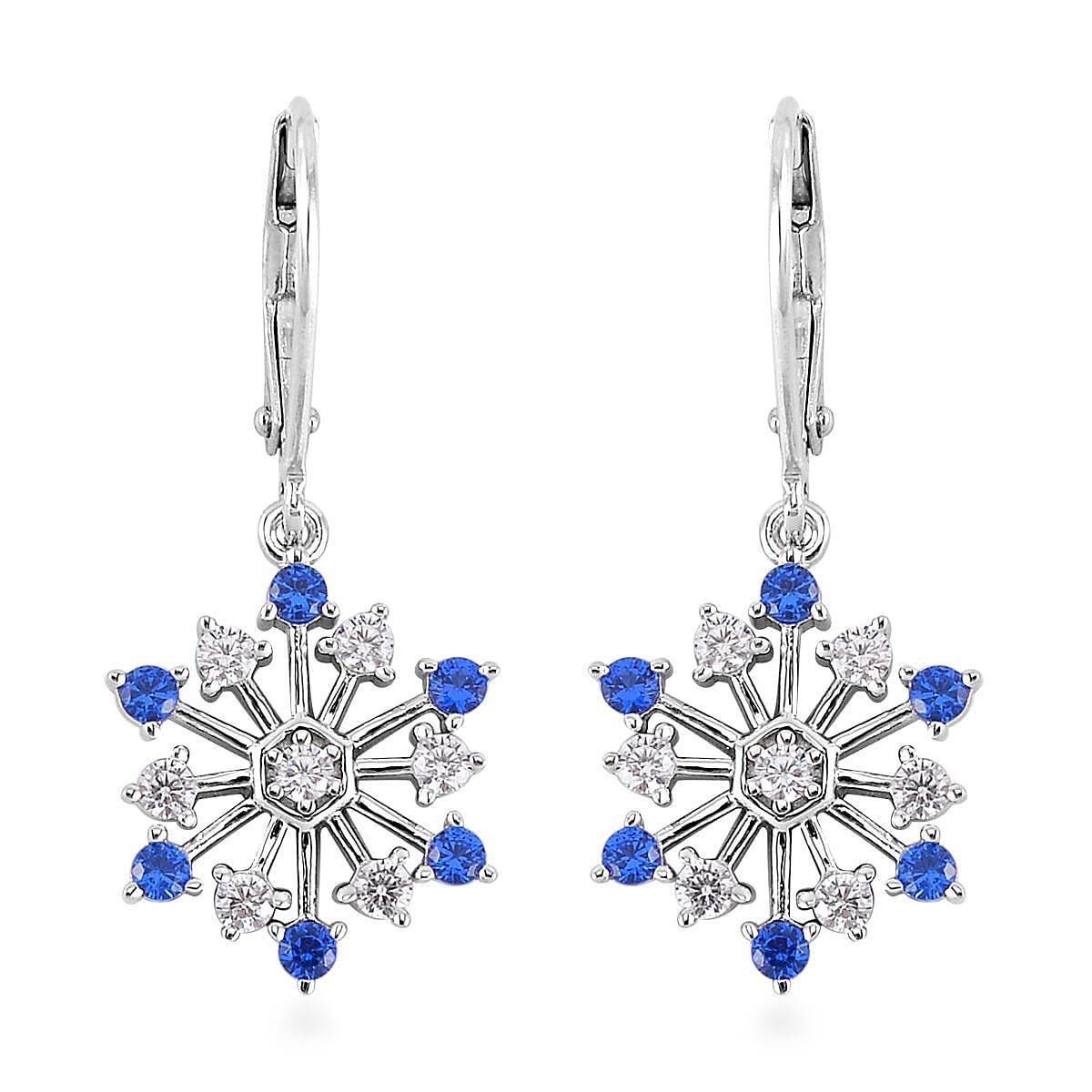 Simulated Diamond and Tanzanian Blue Spinel (DF) Snowflake Earrings in Rhodium Over Sterling Silver 1.15 ctw
