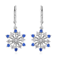 Simulated Diamond and Tanzanian Blue Spinel (DF) Snowflake Earrings in Rhodium Over Sterling Silver 1.15 ctw
