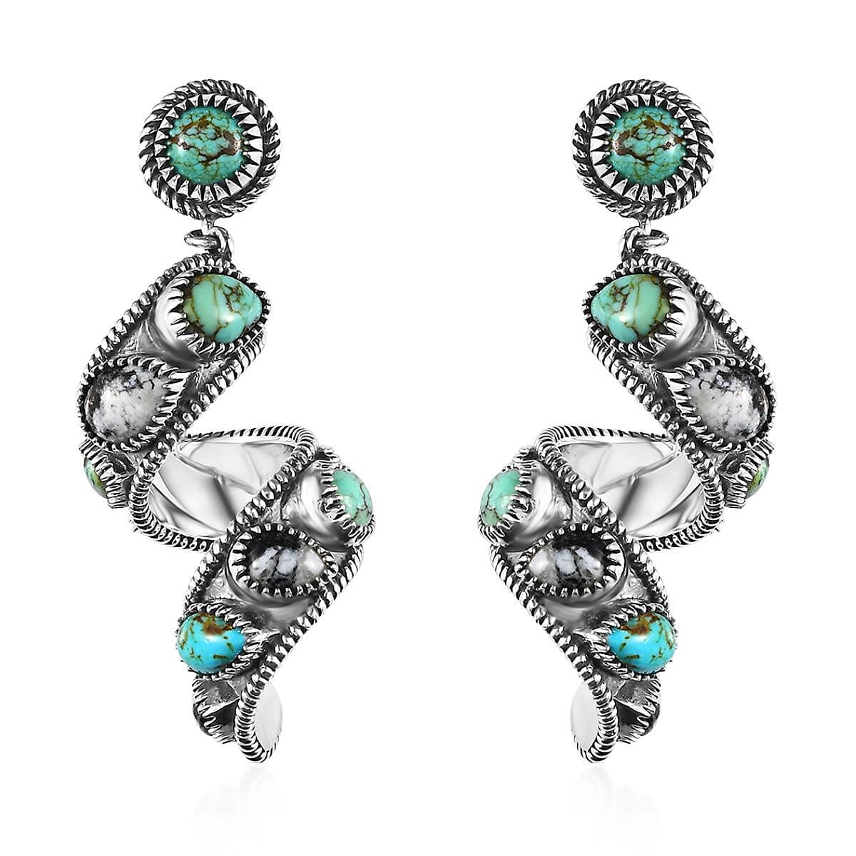 Artisan Crafted Blue Moon Turquoise, Royston Turquoise and White Buffalo Earrings in Sterling Silver 13.10 ctw