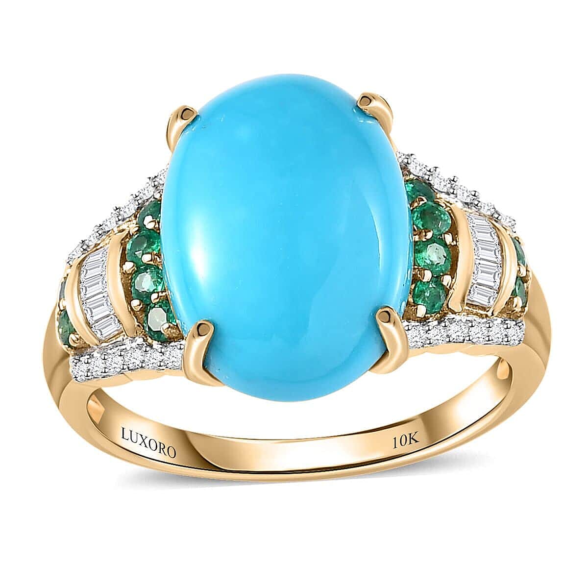 Luxoro 10K Yellow Gold Premium Sleeping Beauty Turquoise and Boyaca Colombian Emerald, Diamond Ring (Size 6.0) 5.60 ctw