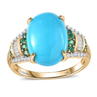 Luxoro 10K Yellow Gold Premium Sleeping Beauty Turquoise and Boyaca Colombian Emerald, Diamond Ring (Size 6.0) 5.60 ctw