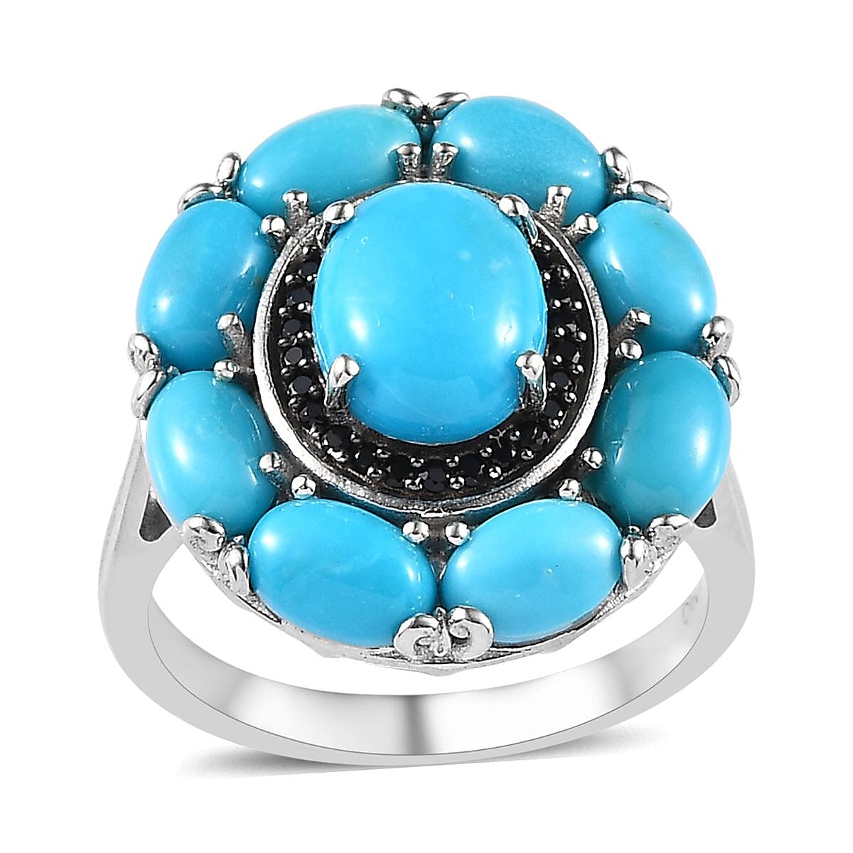 Sleeping Beauty Turquoise and Thai Black Spinel Cocktail Ring in Platinum Over Sterling Silver (Size 10.0) (Del. in 8-10 Days) 5.50 ctw