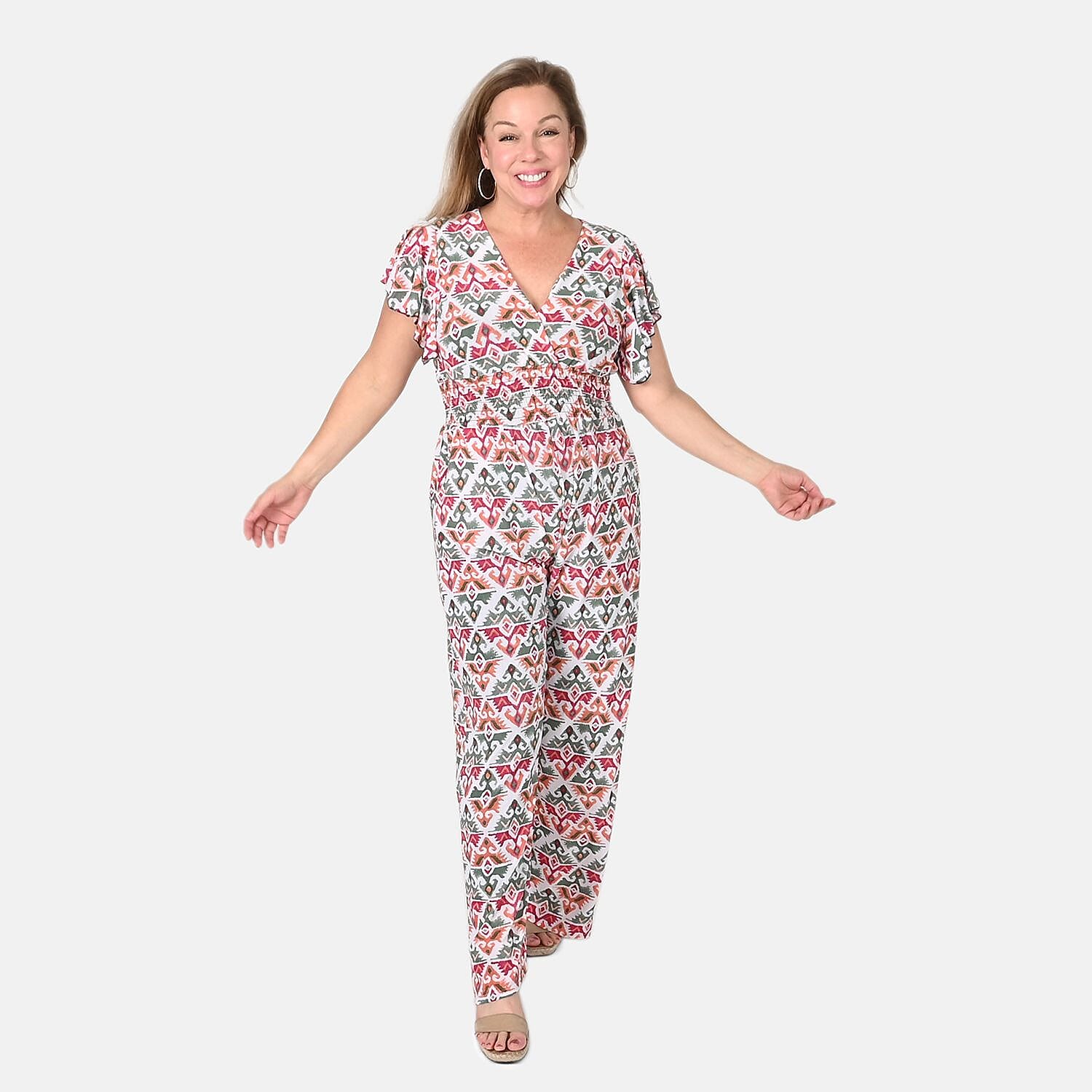 Tamsy Navy Floral Smocked Waist Jumpsuit with Flutter Sleeve - One Size Fits Most