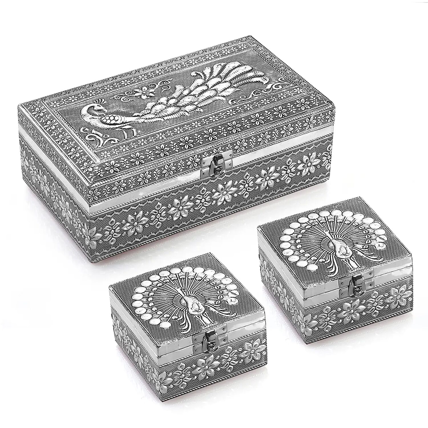 Handcrafted Set of 3 3D Embossed Peacock Aluminium Oxidized Storage Boxes (5"x5"x3", 3.6"x3.6"x2.5", 2.5"x2.5"x2")