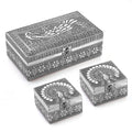 Handcrafted Set of 3 3D Embossed Peacock Aluminium Oxidized Storage Boxes (5"x5"x3", 3.6"x3.6"x2.5", 2.5"x2.5"x2") - Sticky add to cart bar