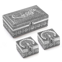 Handcrafted Set of 3 3D Embossed Peacock Aluminium Oxidized Storage Boxes (5"x5"x3", 3.6"x3.6"x2.5", 2.5"x2.5"x2")