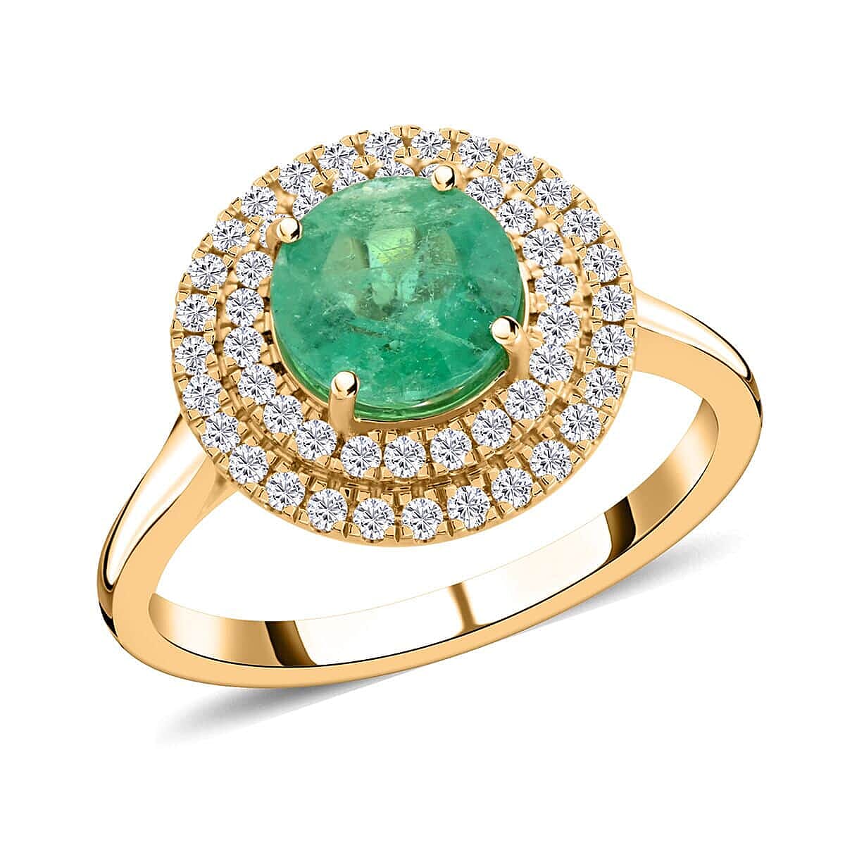 Doorbuster Certified and Appraised Iliana 18K Yellow Gold AAA Boyaca Colombian Emerald and SI Diamond Double Halo Ring 4.75 Grams 1.80 ctw