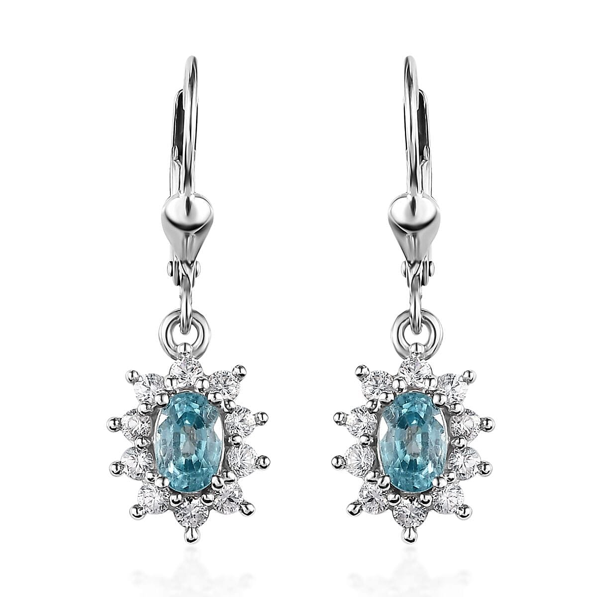 Premium Cambodian Blue Zircon and White Zircon Sunburst Lever Back Earrings in Platinum Over Sterling Silver 2.50 ctw