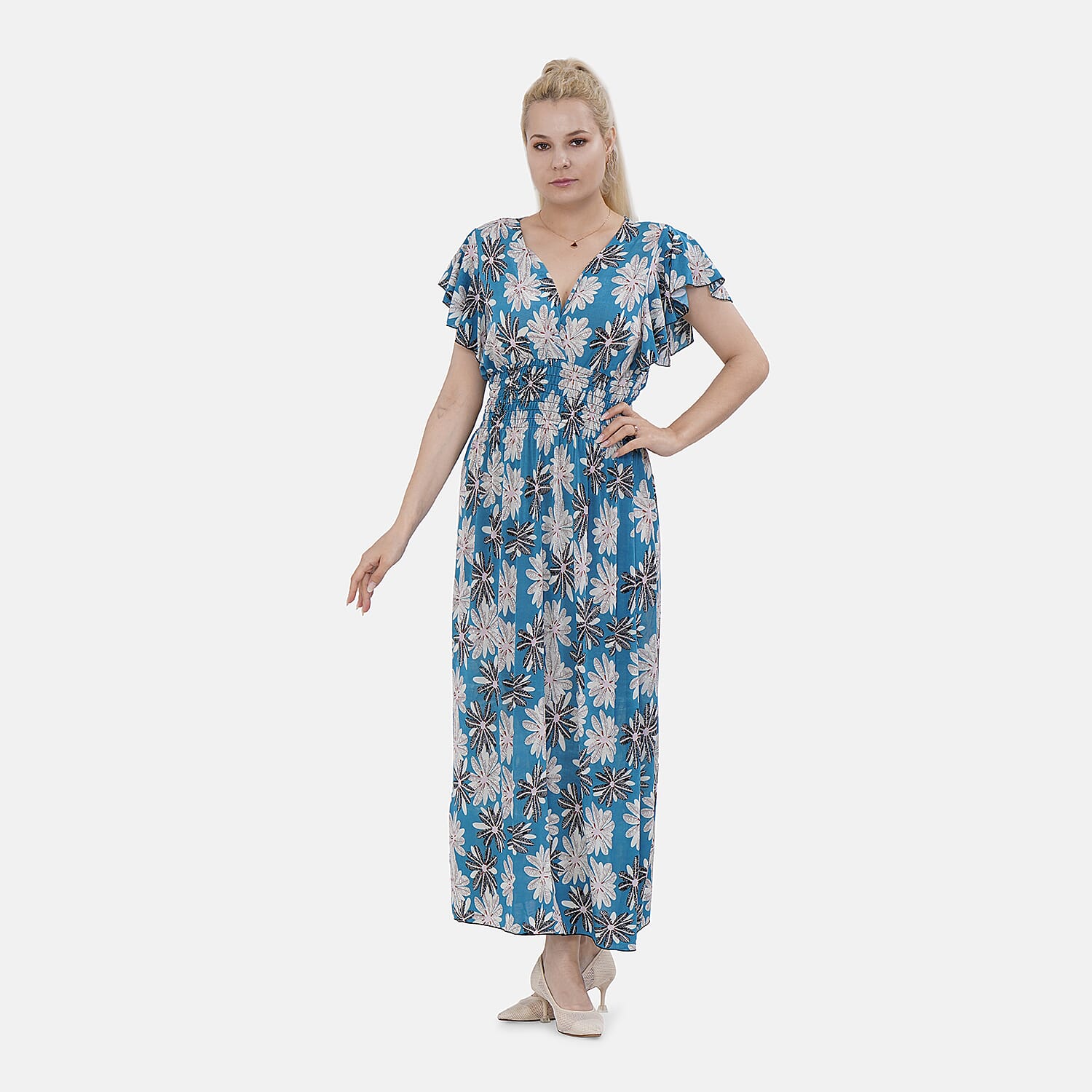 Tamsy Black Multi Tropical Waist Maxi Dress with Flutter Sleeve (13.7"X49")