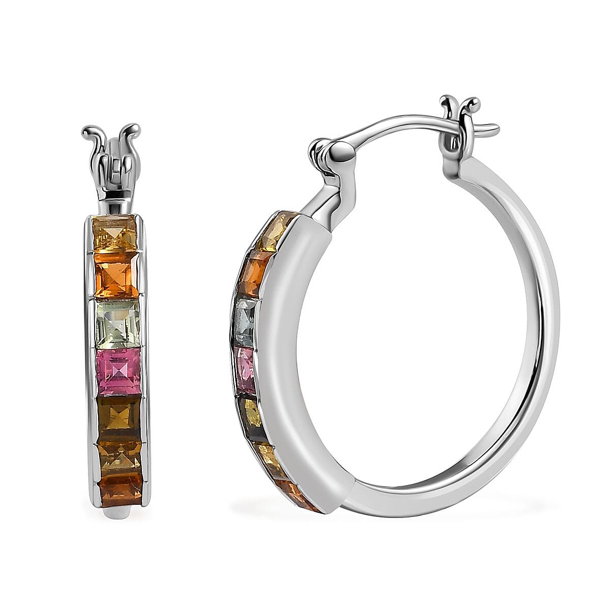 TLV Multi-Tourmaline Hoop Earrings in Platinum Over Sterling Silver 2.25 ctw