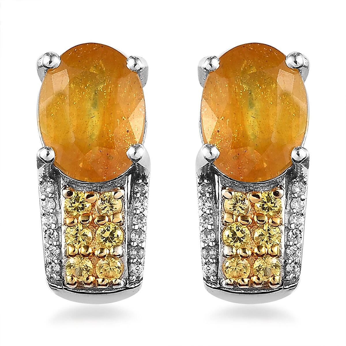 TLV Yellow Sapphire (FF), Multi Gemstone J-Hoop Earrings in Platinum Over Sterling Silver 6.70 ctw