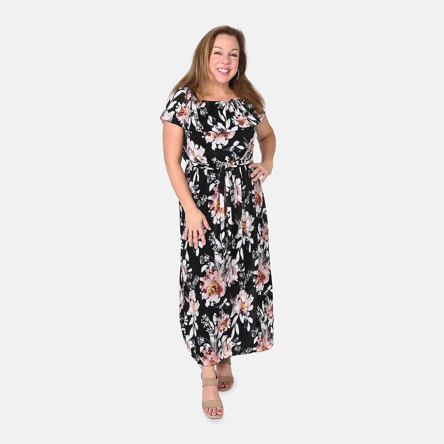 Tamsy Black Floral On-Off Shoulder Ruffle Neck Dress with Waist Tie - One Size Fits Most