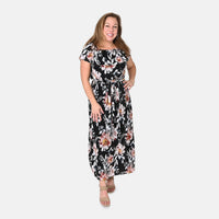 Tamsy Black Floral On-Off Shoulder Ruffle Neck Dress with Waist Tie - One Size Fits Most