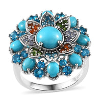 Sleeping Beauty Turquoise and Multi Gemstone Floral Ring in Platinum Over Sterling Silver (Size 7.0) 3.50 ctw