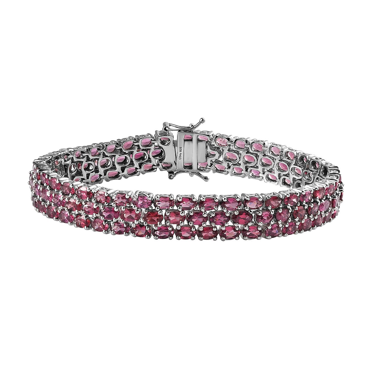 Tanzanian Wine Garnet Three-Row Bracelet in Platinum Over Sterling Silver (6.50 In) (Del. in 10-12 Days) 27.75 ctw