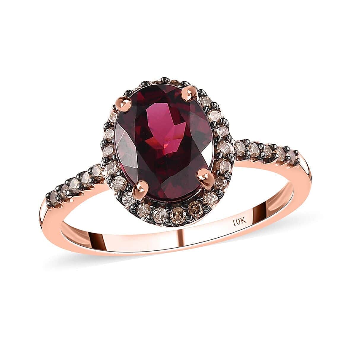 Luxoro 10K Rose Gold Premium Tanzanian Wine Garnet and Natural Champagne Diamond I3 Halo Ring (Size 10.0) 2.50 ctw