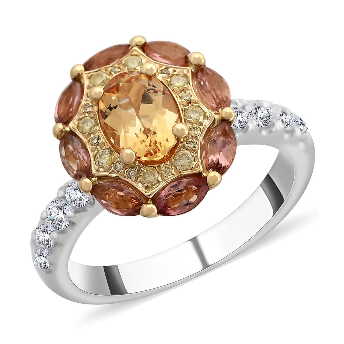 Modani 14K Yellow Gold Imperial Topaz, Pink Tourmaline, SI1 White and Yellow Diamond Ring 4.90 Grams (Del.in 10-12 Days) 1.65 ctw