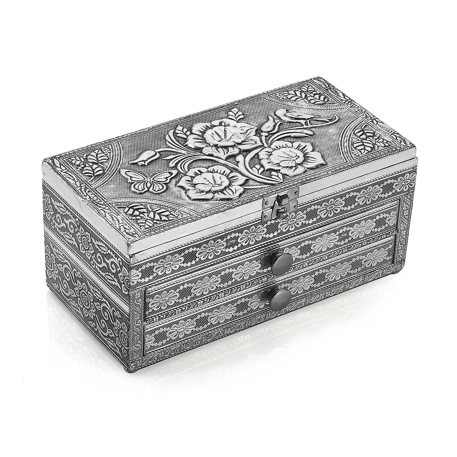 Handcrafted 3D Flower Embossed Oxidized Aluminium 3 Tier Storage Box with Drawer (10"x5"x4")