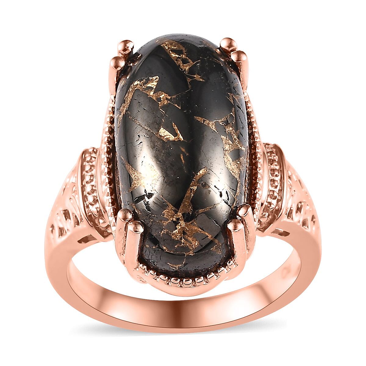 Matrix Silver Shungite Solitaire Ring in 14K Rose Gold Over Copper with Magnet (Size 10.0) 8.50 ctw (Del. in 10-12 Days)