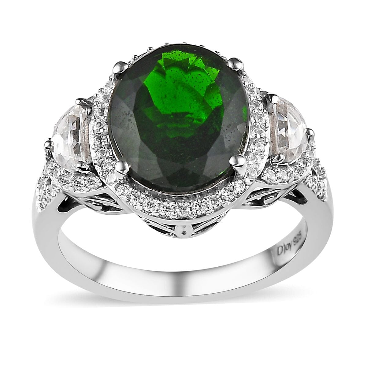 Chrome Diopside, White Zircon Ring in Platinum Over Sterling Silver (Size 10.0) 5.85 ctw