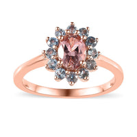 Blush Tourmaline, Santa Maria Aquamarine Sunburst Ring in Vermeil RG Over Sterling Silver (Size 10.0) (Del. in 8-10 Days) 1.25 ctw
