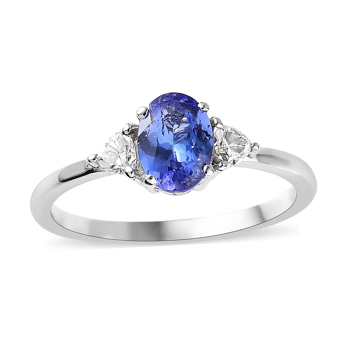 AAA Tanzanite, Moissanite 3 Stone Ring in Platinum Over Sterling Silver (Size 7.0) 1.10 ctw
