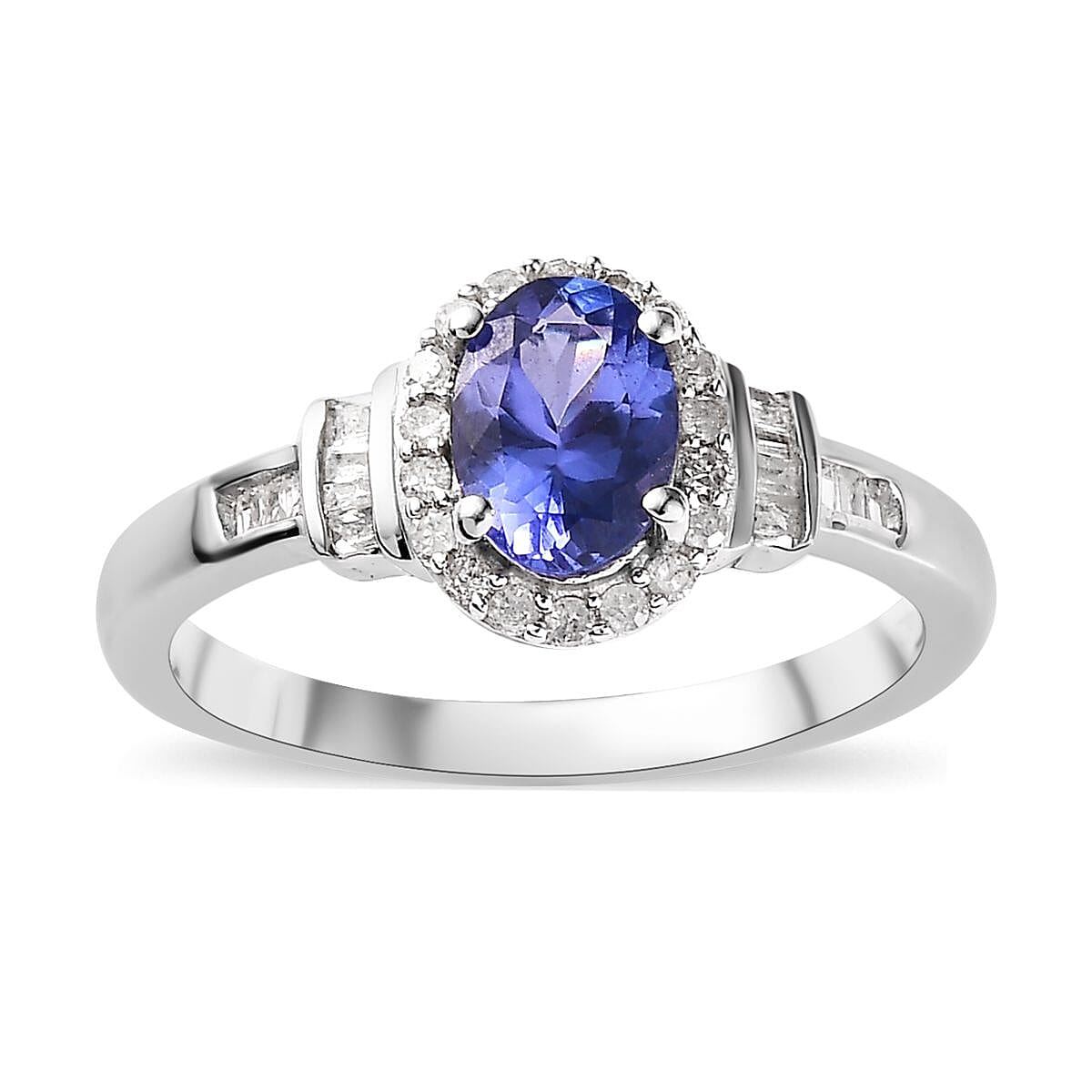 AAA Tanzanite, Diamond (0.20 cts) Halo Ring in Platinum Over Sterling Silver (Size 7.0) 1.00 ctw