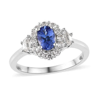 AAA Tanzanite and White Zircon Halo Ring in Platinum Over Sterling Silver (Size 5.0) 1.00 ctw