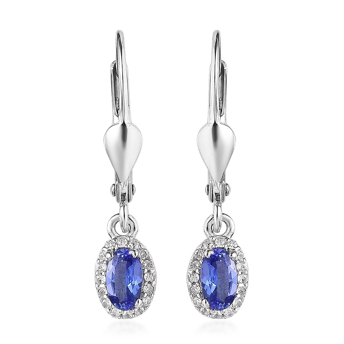 AAA Tanzanite and White Zircon Lever Back Earrings in Platinum Over Sterling Silver 0.65 ctw