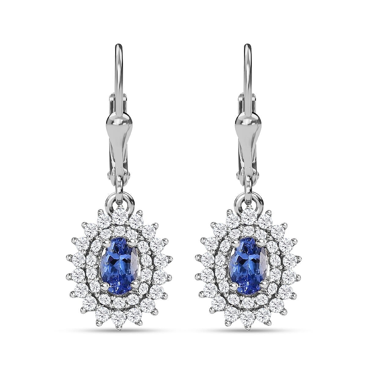 AAA Tanzanite and White Zircon Lever Back Earrings in Platinum Over Sterling Silver 2.00 ctw