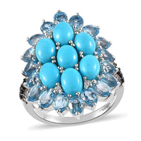Sleeping Beauty Turquoise and Multi Gemstone Floral Ring in Platinum Over Sterling Silver (Size 10.0) 7.25 ctw