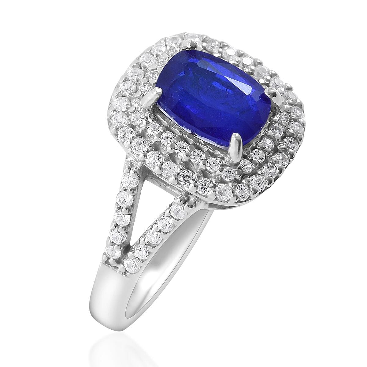 Tanzanian Blue Spinel (DF), White Zircon Double Halo Ring in Platinum Over Sterling Silver (Size 10.0) 2.65 ctw
