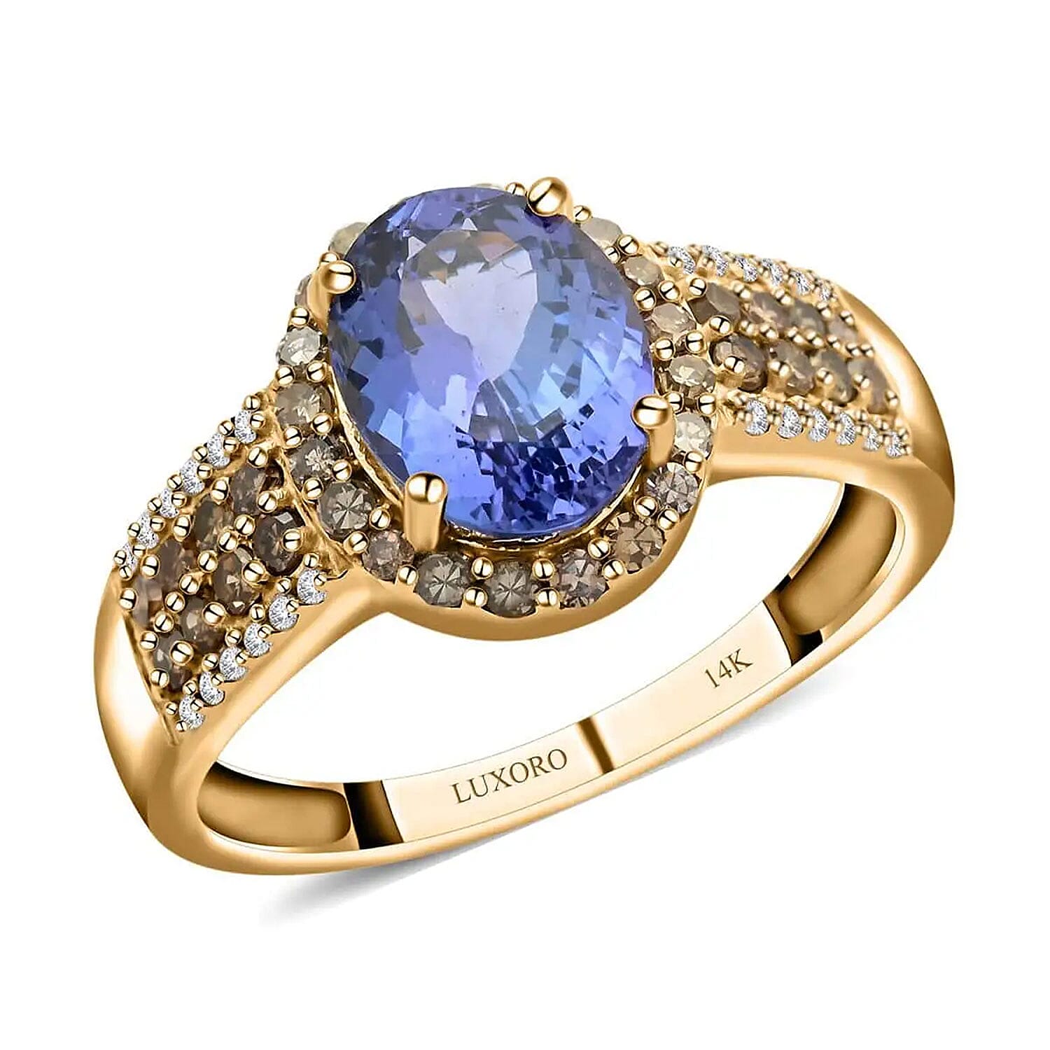 Doorbuster Luxoro 14K Yellow Gold Premium Tanzanite, Natural Champagne and White Diamond (I2) (0.55 cts) Ring (Size 10.0) 2.50 ctw