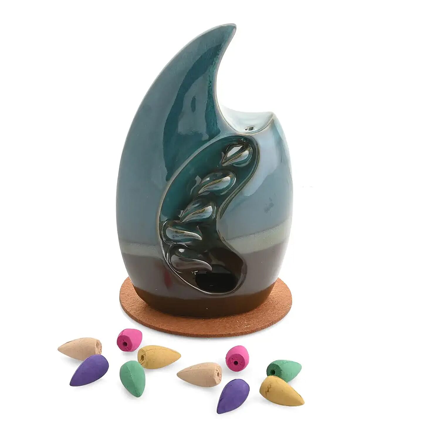 Total Vision Cascading Ceramic Incense Burner with 10 Assorted Cones -Cyan (5.5"x8.7")