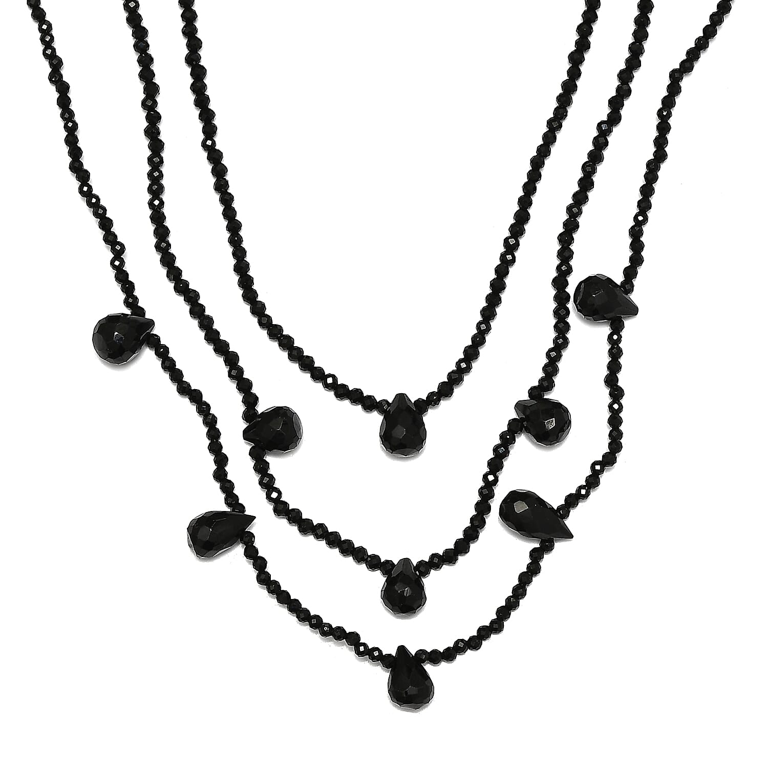 Thai Black Spinel 85.00 ctw Beaded 3 Layered Necklace in Rhodium Over Sterling Silver 18-20 Inches