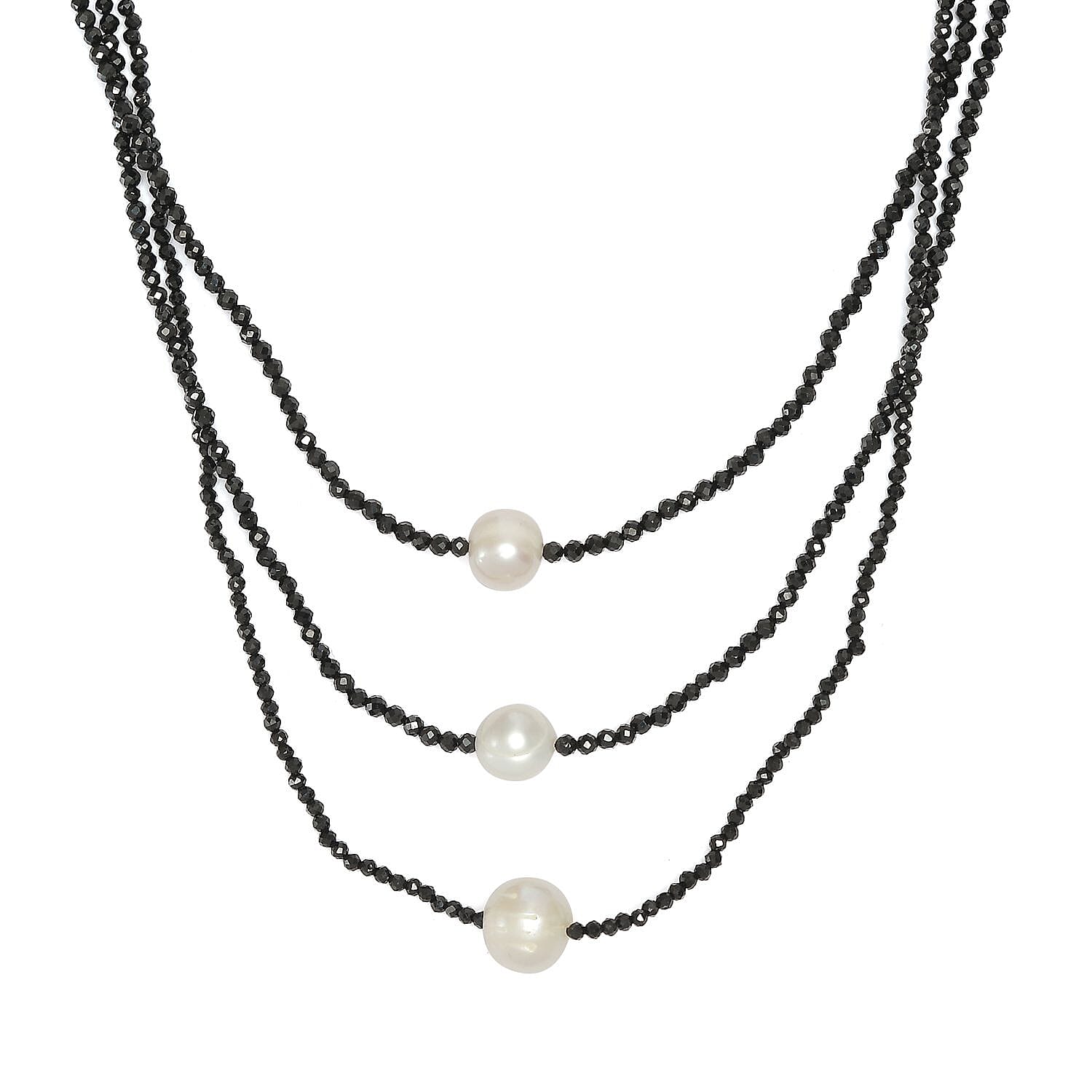Freshwater Pearl and Thai Black Spinel 65.00 ctw 3 Layered Necklace in Rhodium Over Sterling Silver 20 Inches