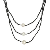 Freshwater Pearl and Thai Black Spinel 65.00 ctw 3 Layered Necklace in Rhodium Over Sterling Silver 20 Inches