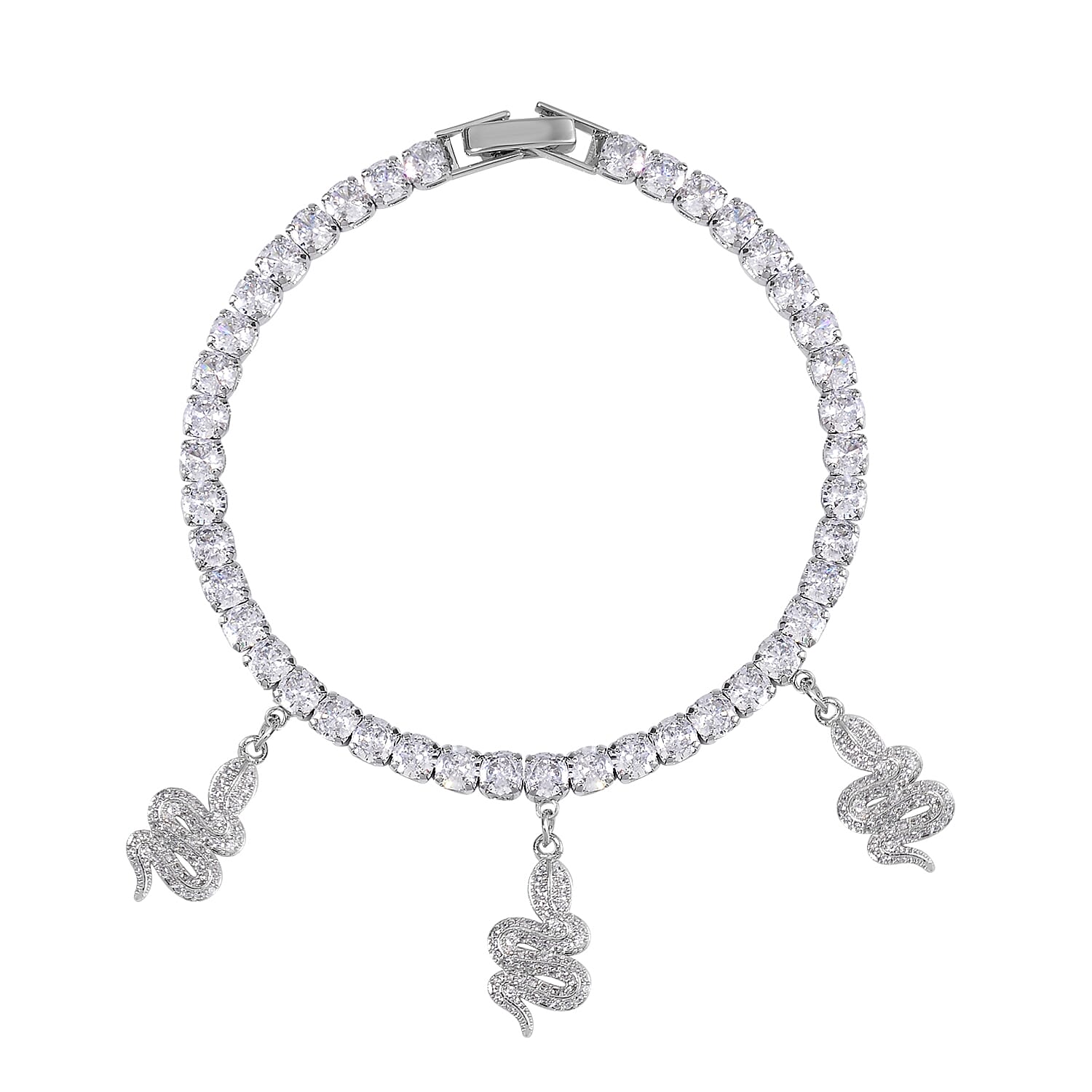 Simulated Diamond Snake Charm Bracelet in Silvertone (7.50 In) 5.00 ctw