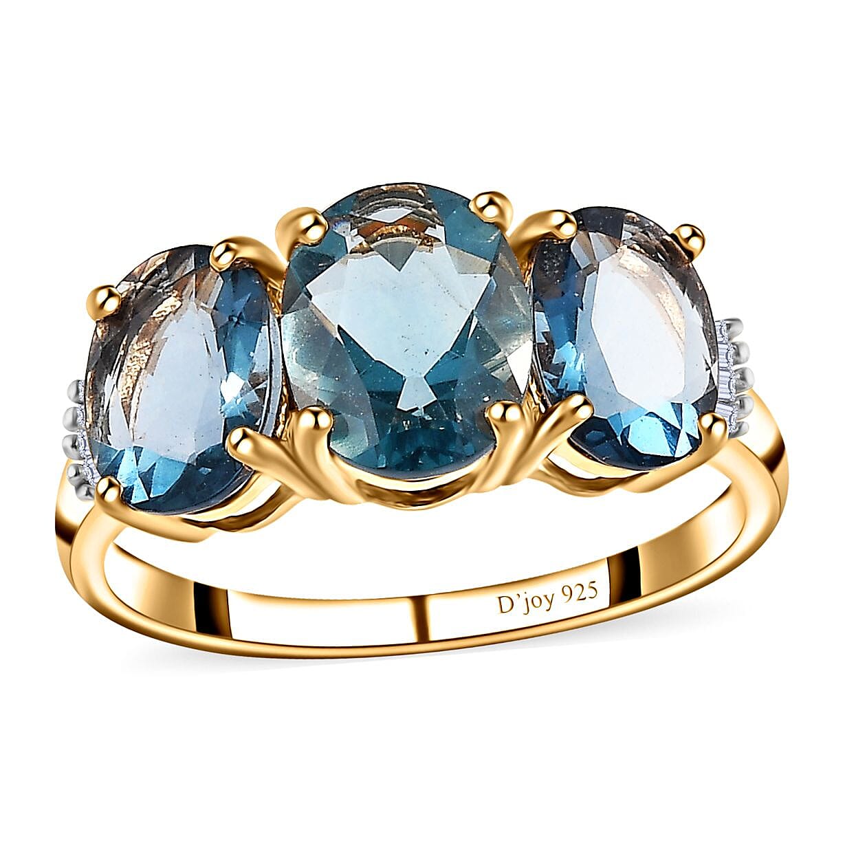 Teal Fluorite (IR) and Diamond 3 Stone Ring in Vermeil Yellow Gold Over Sterling Silver (Size 10.0) 5.25 ctw