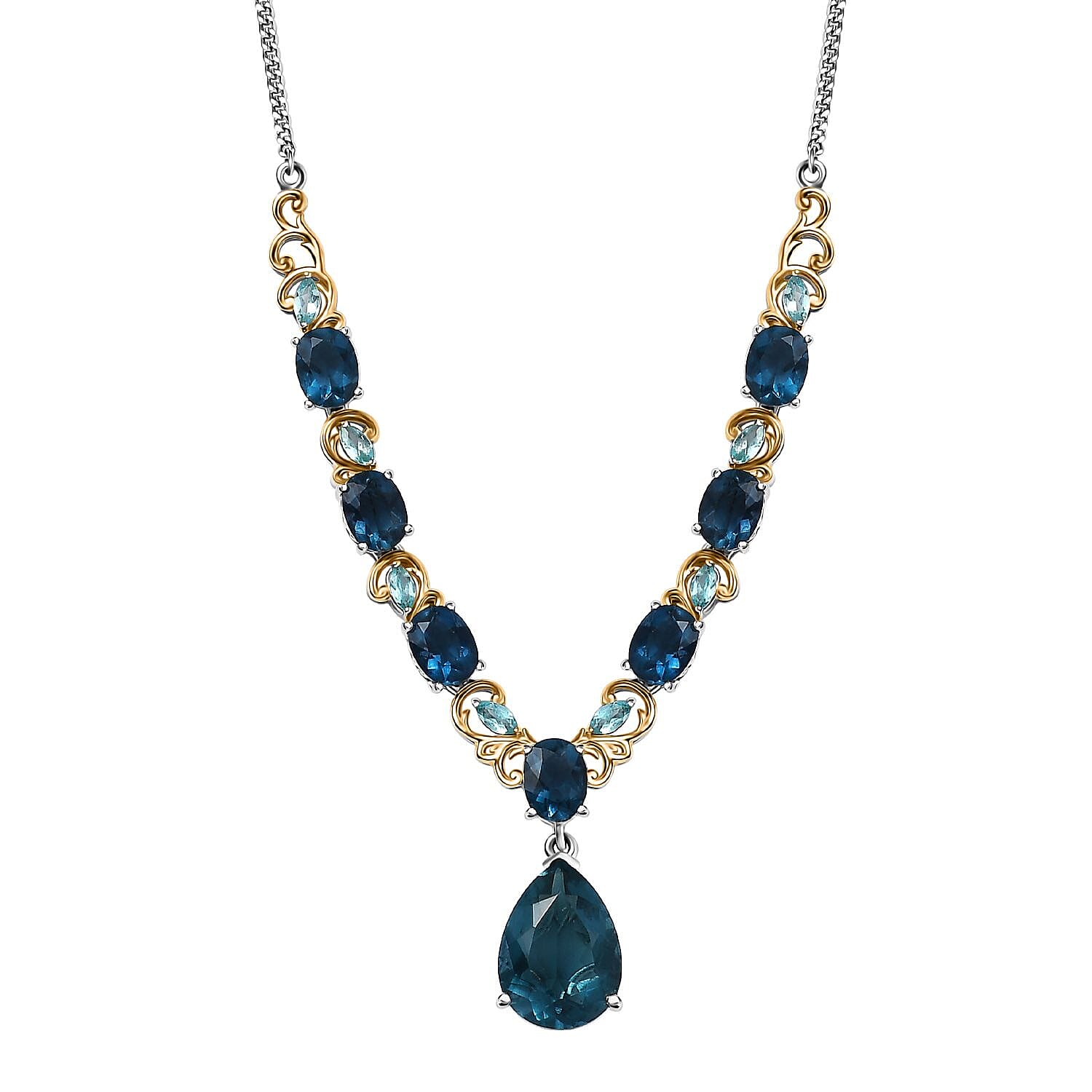 Dean Teal Fluorite (IR) and Betroka Blue Apatite 22.00 ctw Necklace in Vermeil Yellow Gold and Platinum Over Sterling Silver 18 Inches