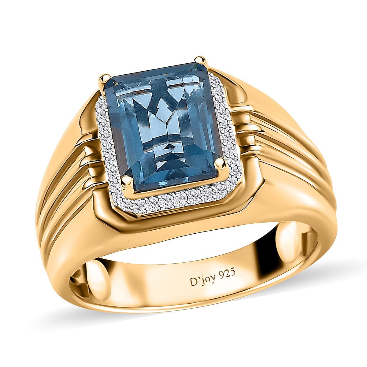Teal Fluorite (IR) and White Zircon Men's Ring in Vermeil Yellow Gold Over Sterling Silver (Size 10.0) 4.15 ctw