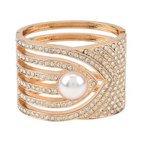 Simulated Pearl and White Austrian Crystal Bangle Bracelet in Goldtone (6.25 In)