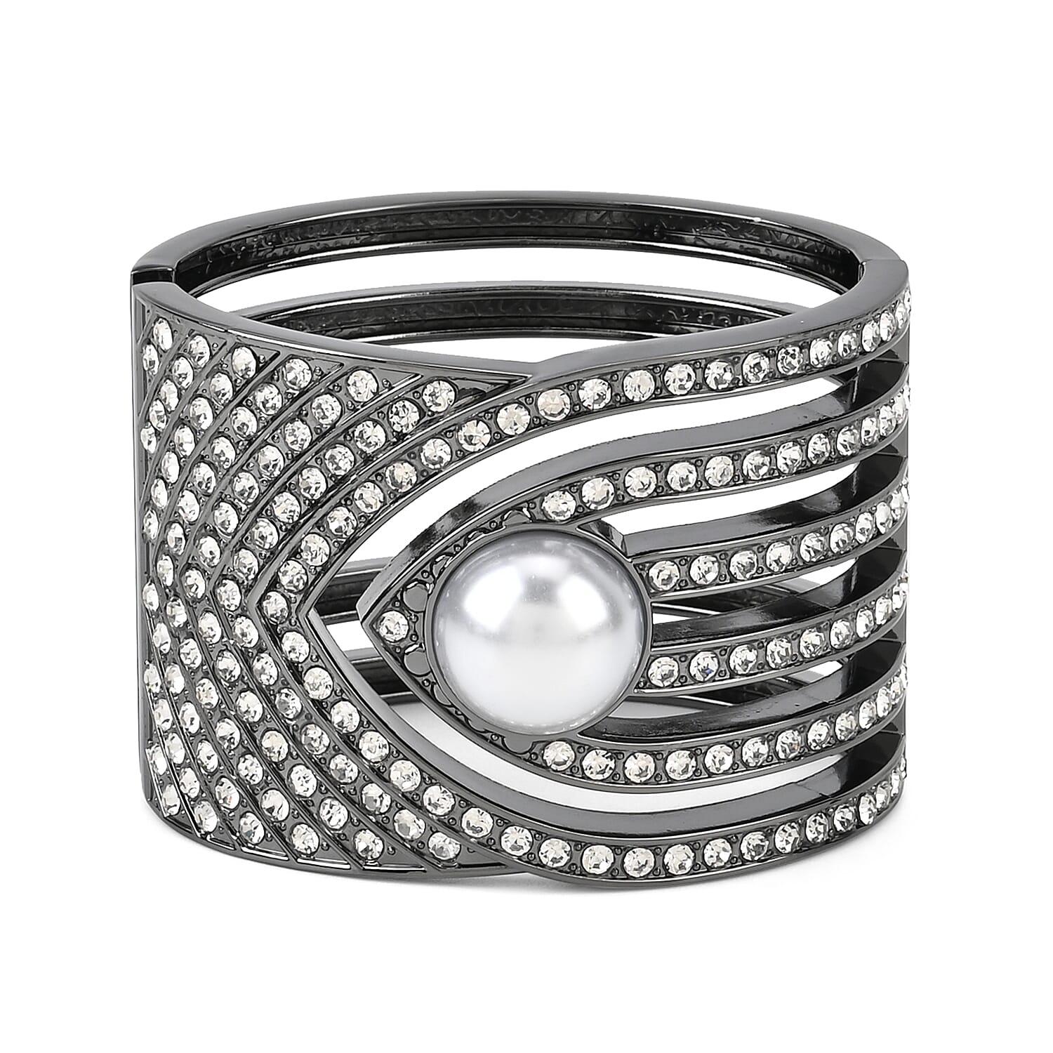 Simulated Pearl and White Austrian Crystal Bangle Bracelet in Goldtone (6.25 In)