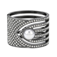 Simulated Pearl and White Austrian Crystal Bangle Bracelet in Goldtone (6.25 In)
