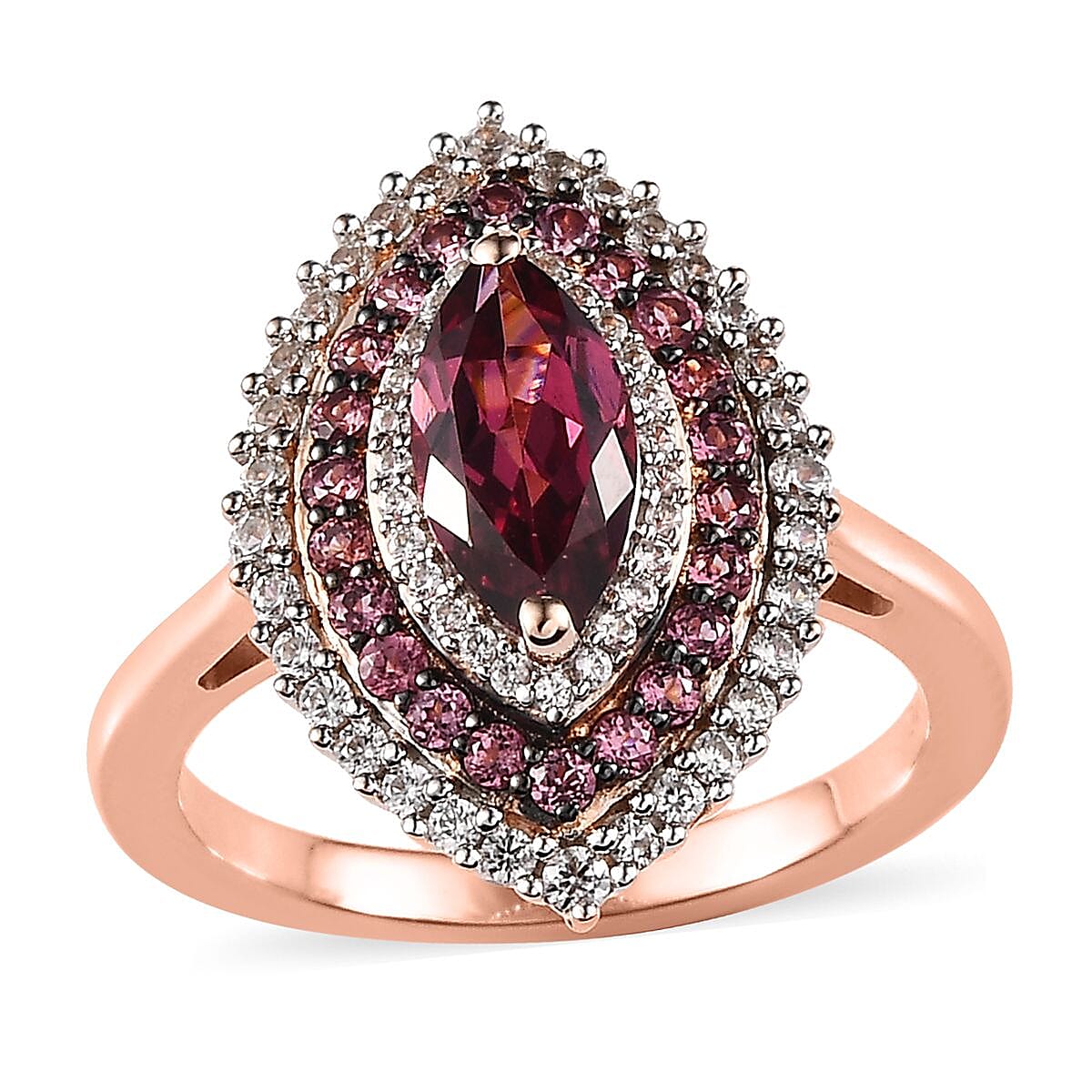 Tanzanian Wine Garnet, Multi Gemstone Triple Halo Ring in Vermeil RG Over Sterling Silver (Size 10.0) (Del. in 8-10 Days) 2.15 ctw