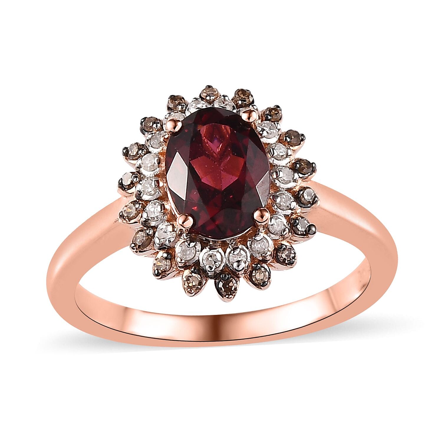 Tanzanian Wine Garnet, Natural Champagne and White Diamond (0.20 cts) Floral Ring in Vermeil RG Over Sterling Silver (Size 10.0) (Del. in 10-12 Days) 1.75 ctw
