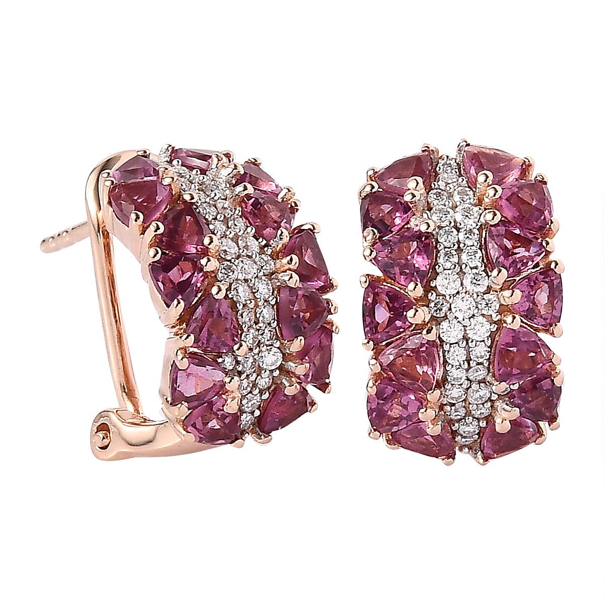 Tanzanian Wine Garnet and Moissanite Omega Clip Earrings in Vermeil Rose Gold Over Sterling Silver 4.35 ctw