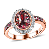 Premium Anthill Garnet, Moissanite Double Halo Ring in Vermeil RG Over Sterling Silver (Size 10.0) 0.85 ctw