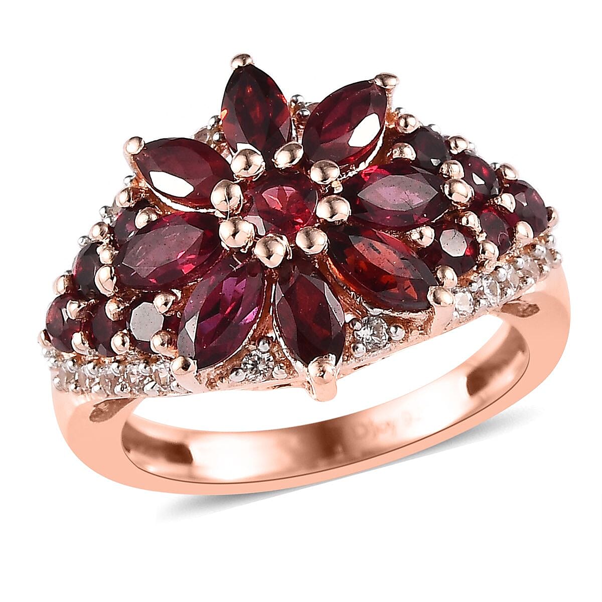 Premium Anthill Garnet, White Zircon Floral Ring in Vermeil RG Over Sterling Silver (Size 10.0) 2.50 ctw